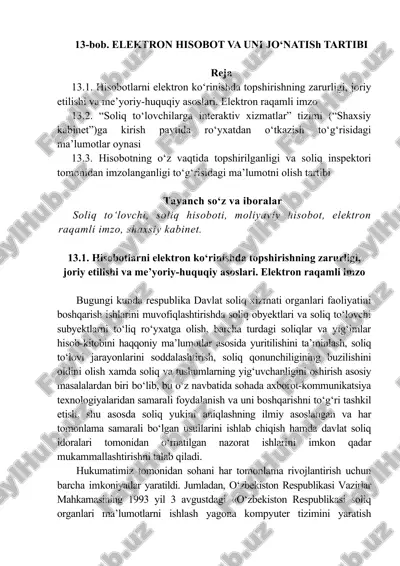hisobotlarni elektron ko‘rinishda topshirishning zarurligi, joriy etilishi va me’yoriy-huquqiy asoslari. elektron raqamli imzo — DOC