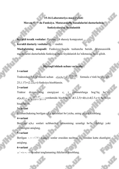 laboratoriya mashg’uloti: c++ da funksiya. mutaxassislik masalalarini dasturlashda funksiyalardan foydalanish — DOC
