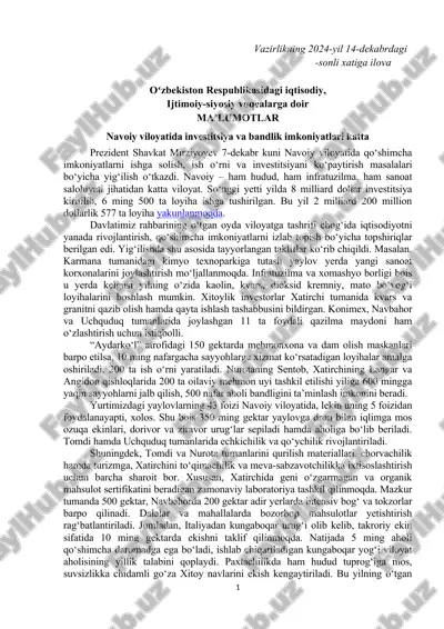 navoiy viloyatidagi investitsiya va bandlik imkoniyatlari — DOC