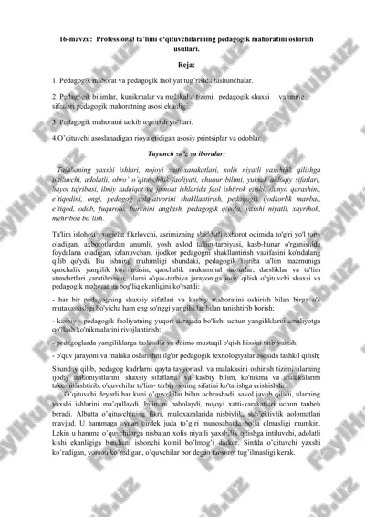 professional ta’limi o‘qituvchilarining pedagogik mahoratini oshirish usullari — DOC