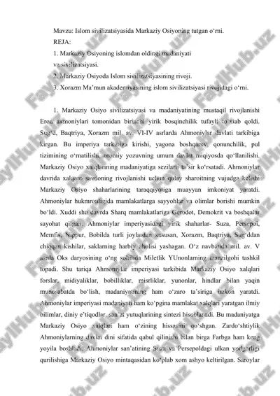 islom sivilizatsiyasida markaziy osiyoning tutgan o‘rni — DOC