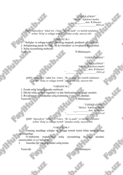 soliqlar va soliqqa tortish fanidan oraliq nazorat ishi — DOC
