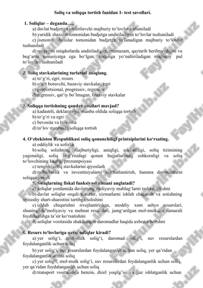 soliq va soliqqa tortish fanidan 1- test savollari. — DOC