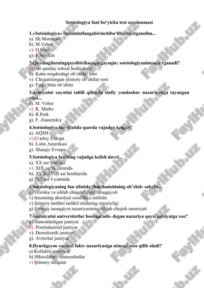 sotsiologiya fani bo‘yicha test savolnomasi — DOC