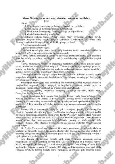 xronologiya va metrologiya fanining maqsad va vazifalari — DOC