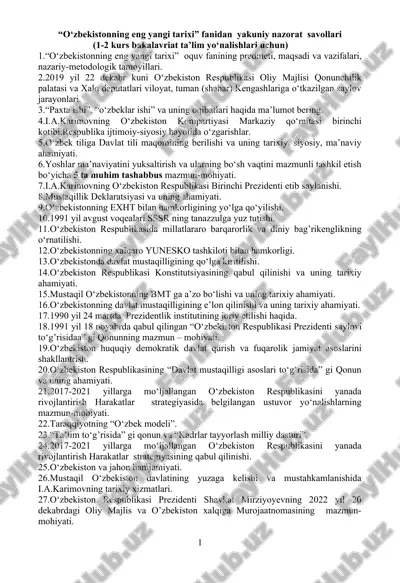 o‘zbekistonning eng yangi tarixi fanidan yakuniy nazorat savollari — DOC