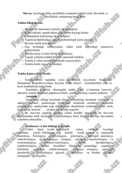 ayollarga tibbiy-profelaktik yordamini tashkil etish — PDF