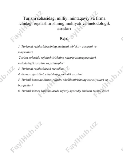 turizm sohasidagi milliy, mintaqaviy va firma ichidagi rejalashtirishning mohiyati va metodologik asoslari — DOC
