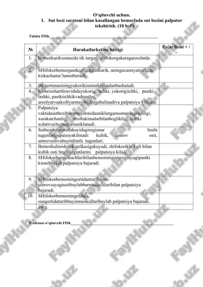 sut bezi saratoni bilan kasallangan bemorlarda sut bezini palpator tekshirish — DOC