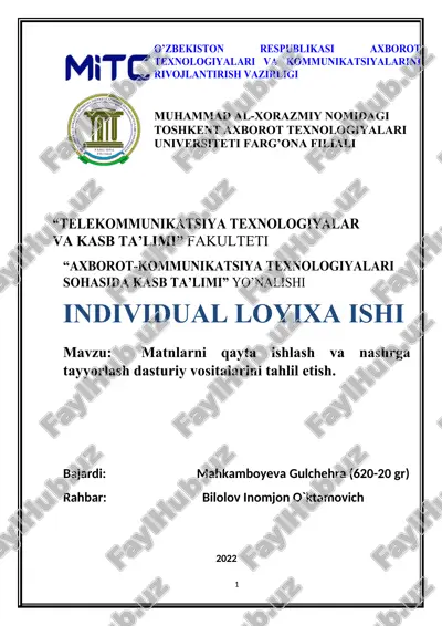 matnlarni qayta ishlash va nashrga tayyorlash dasturiy vositalarini tahlil etish — DOCX