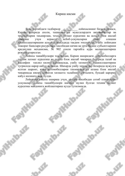 tadqiqot: tadbirkorlik loyihasi biznes-rejasi — DOC