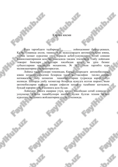 avtomobilni yuvish hizmati tashkil etish loyihasi — DOC