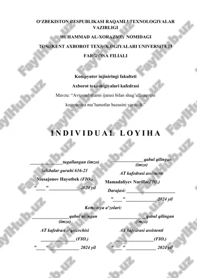 avtomobillarni ijarasi bilan shug’ullanuvchi kompaniya ma’lumotlar bazasi — DOCX