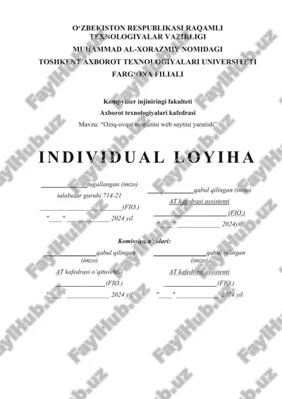 oziq-ovqat magazini web saytini yaratish loyihasi — DOCX