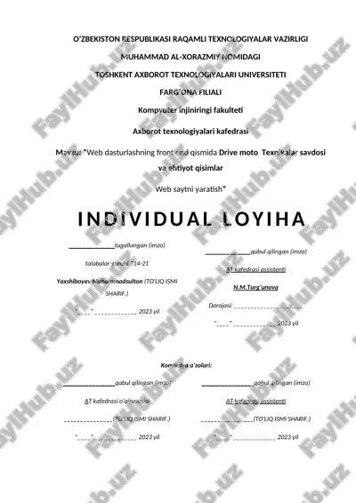 web dasturlashning front end qismida drive moto texnikalar savdosi va ehtiyot qisimlar web saytni yaratish — DOCX