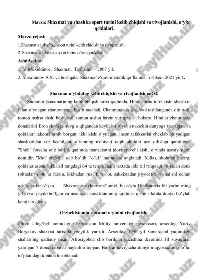shaxmat va shashka sport turini kelib chiqishi va rivojlanishi, o‘yin qoidalari — DOCX