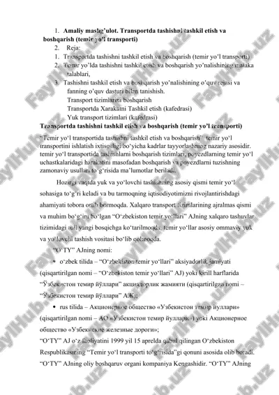 transportda tashishni tashkil etish va boshqarish (temir yoʼl transporti) — DOCX
