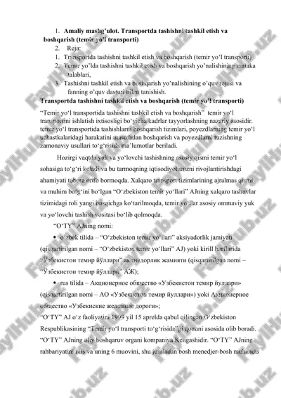 transportda tashishni tashkil etish va boshqarish (temir yoʼl transporti) — DOCX