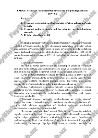 transport vositalarini standartlashtirish to‘g‘risdagi kelishuv — DOCX