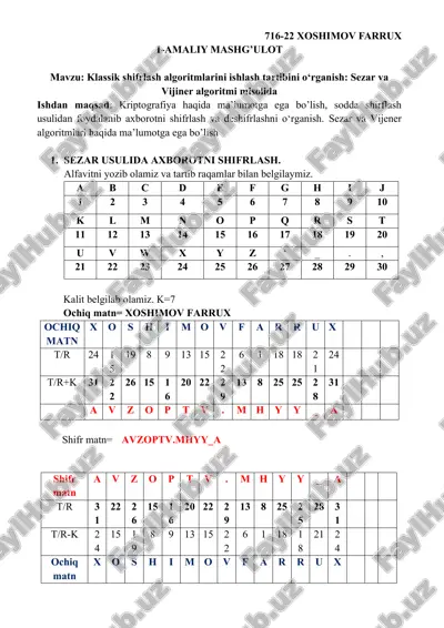 klassik shifrlash algoritmlarini ishlash tartibi — DOCX