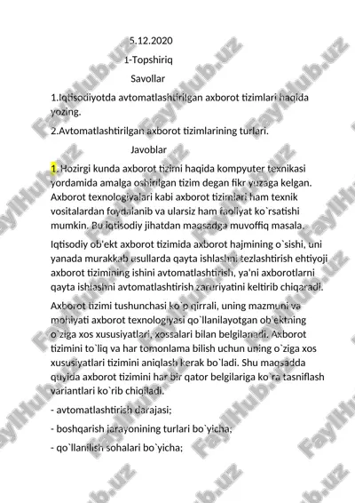 avtomatlashtirilgan axborot tizimlari haqida ma'lumotlar — DOCX
