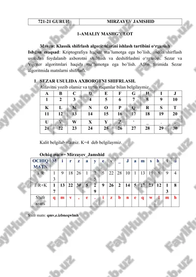 klassik shifrlash algoritmlarini ishlash tartibi — DOCX