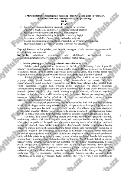 bolalar psixologiyasi fanining predmeti, maqsadi va vazifalari — DOCX