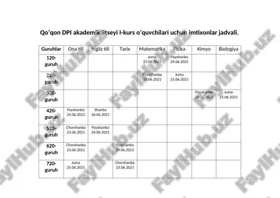 qo’qon dpi akademik litseyi i-kurs o’quvchilari uchun imtixonlar jadvali — DOCX