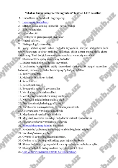 shahar hududini injenerlik tayyorlash fanidan 1-on savollari — DOCX