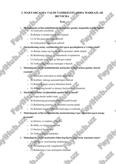 maktabgacha talim tashkilotlarida markazlar bo'yicha test — DOCX