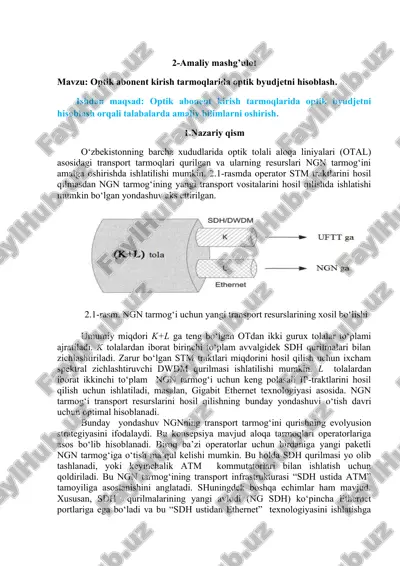 optik abonent kirish tarmoqlarida optik byudjetni hisoblash — DOCX