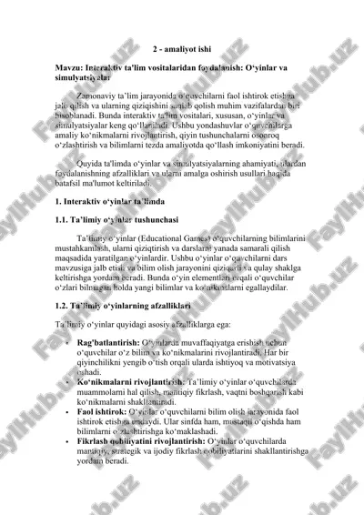 interaktiv ta'lim vositalaridan foydalanish: o‘yinlar va simulyatsiyalar — DOCX