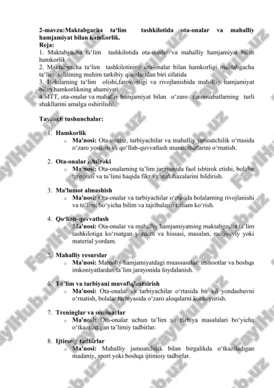 maktabgacha ta‘lim tashkilotida ota-onalar va mahalliy hamjamiyat bilan hamkorlik. — DOCX