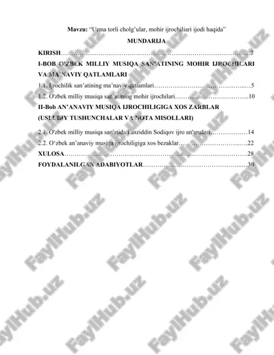 urma torli cholg'ular, mohir ijrochiliari ijodi haqida — DOCX