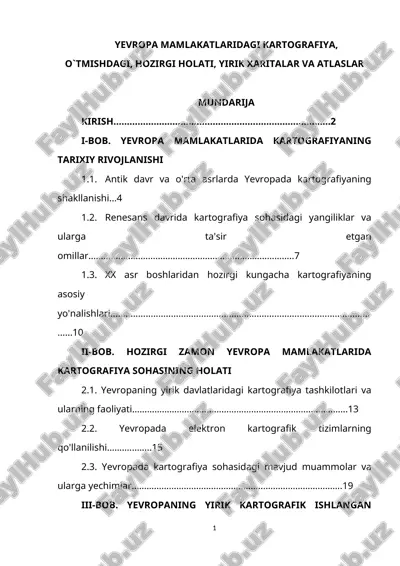 yevropa mamlakatlaridagi kartografiya, o`tmishdagi, hozirgi holati, yirik xaritalar va atlaslar — DOCX