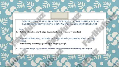 bolalarni maktab ta’limiga tayyorlashda ta’lim-tarbiyaviy jarayonning o‘rni va o‘ziga xos xususiyatlari — PPTX