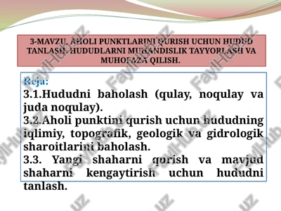 aholi punktlarini qurish uchun hudud tanlash — PPTX