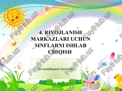 "syujetli-rolli o‘yinlar va sahnalashtirish" rivojlanish markazida bolalarni ertak bilan tanishtirishda qo‘llaniladigan amaliy uslub va uning turlari — PPTX