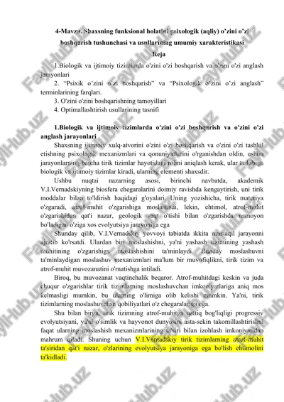 shaxsning funksional holatini psixologik o'zini o'zi boshqarish tushunchasi va usullarining umumiy xarakteristikasi — DOCX