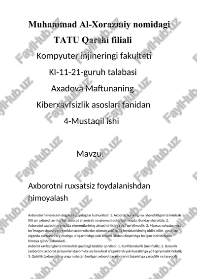 axborot xavfsizligi va himoyalash — DOCX