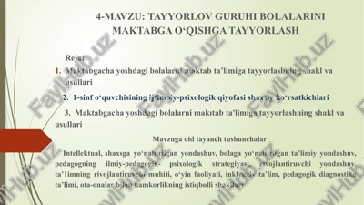 maktabgacha bolalarini maktabga o‘qitishga tayyorlashning shakli va usullari — PPTX