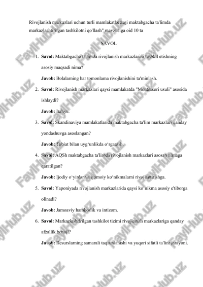 rivojlanish markazlarini tashkil etish — DOCX