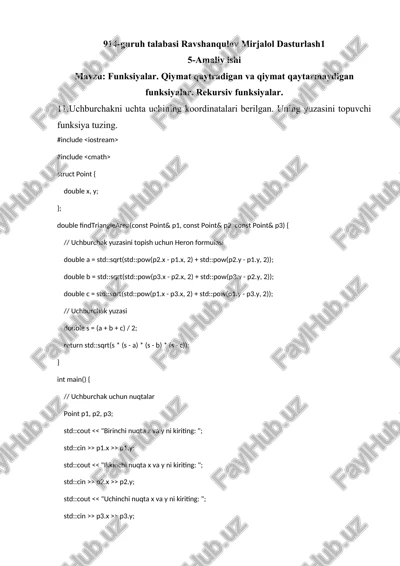 uchburchakning yuzasi topuvchi funksiya — DOCX