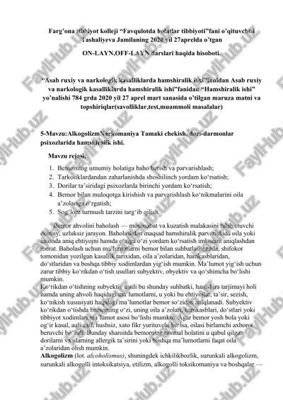 "favqulotda holatlar tibbiyoti: asab ruxiy va narkologik kasalliklarda hamshiralik ishi" — DOCX