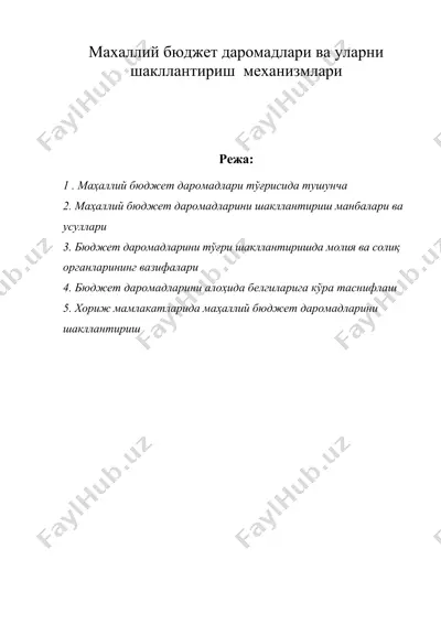 махаллий бюджет даромадлари ва уларни шакллантириш механизмлари — DOC