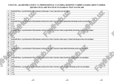 akademik litsey va professional ta’lim jismoniy tarbiyasiga oid test savollari — DOCX