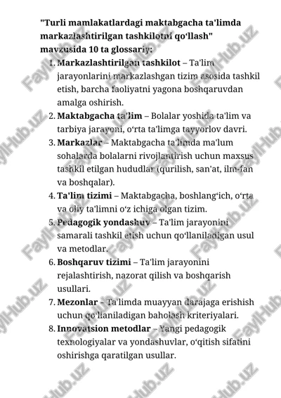 turli mamlakatlardagi maktabgacha ta'limda markazlashtirilgan tashkilotni qo‘llash glossariysi — DOCX