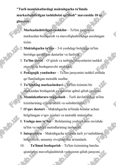 glossariy "turli mamlakatlardagi maktabgacha ta'limda markazlashtirilgan tashkilotni qo‘llash" mavzusida — DOCX