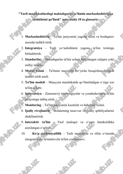 turli mamlakatlardagi maktabgacha ta'limda markazlashtirilgan tashkilotni qo'llash glossariysi — DOCX