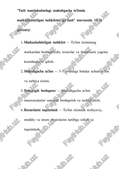 turli mamlakatlardagi maktabgacha ta'limda markazlashtirilgan tashkilotni qo‘llash — DOCX